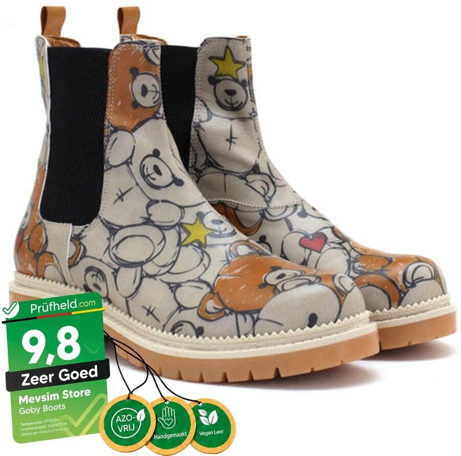 GOBY Dameslaarzen Teddy Beer Print Chelsea Boots Handgemaakt Vegan Leer Comfortabele Damesboots - Foto 2
