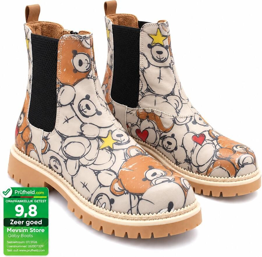 GOBY Dameslaarzen Teddy Beer Print Chelsea Boots Handgemaakt Vegan Leer Comfortabele Damesboots