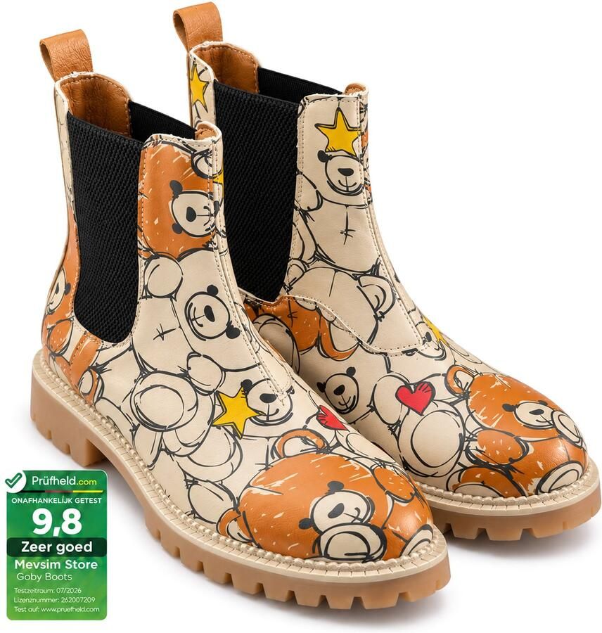 GOBY Dameslaarzen Teddy Beer Print Chelsea Boots Handgemaakt Vegan Leer Comfortabele Damesboots