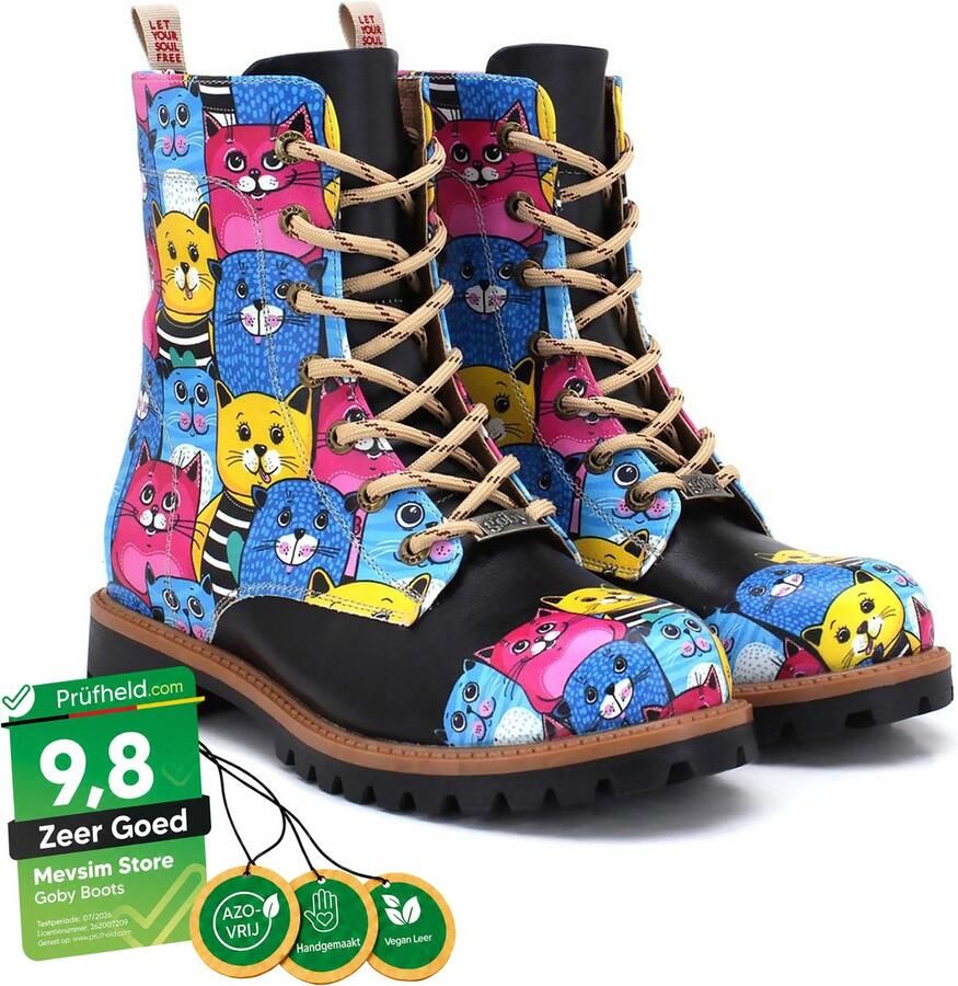 GOBY Purrfect Steps Dames Laarzen Kleurrijke Kattenprint Comfortabele Veterschoenen