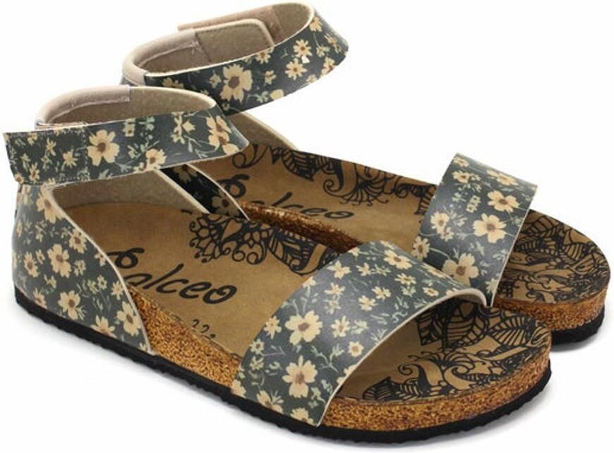 GOBY Groene Bloemen Dames Sandalen Vegan Leer Handgemaakt