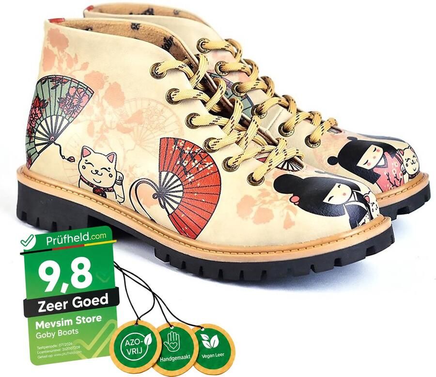 GOBY Japanse Dames Enkellaarzen Geisha en Gelukskat Design Handgemaakt Gevoerd Comfortabel - Foto 2