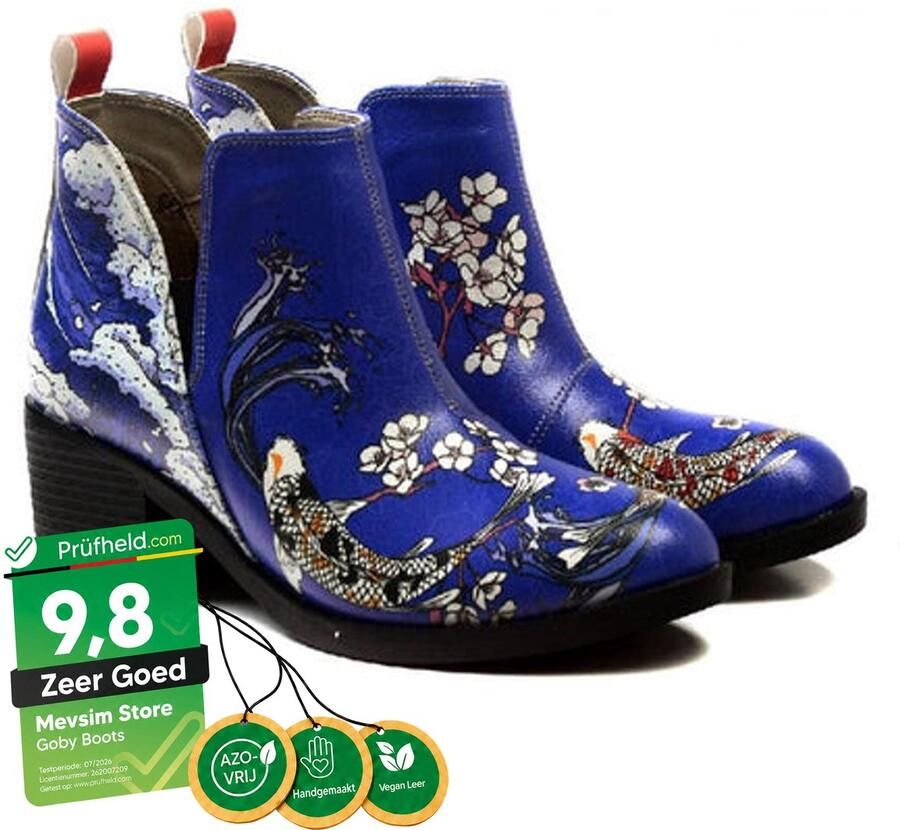 GOBY Japanse Bloemen Dames Enkellaarzen Vegan Leer Koi en Bloesem Design Handgemaakt - Foto 2