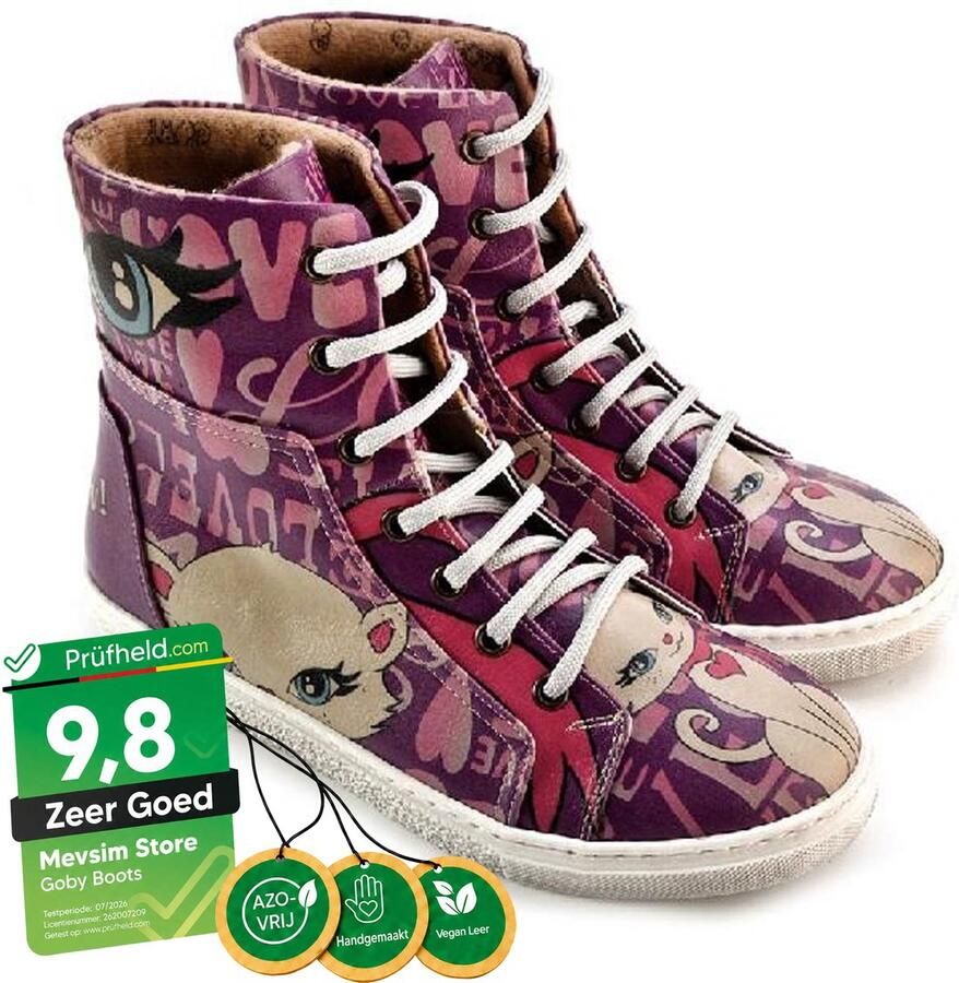 GOBY Kitty Love High-Top Sneakers Handmade Vegan Leer Dames
