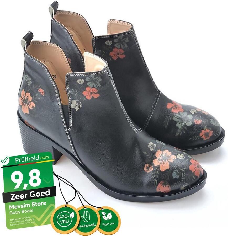 GOBY Midnight Blossom Dames Enkellaarsjes Handgemaakt Vegan Leer