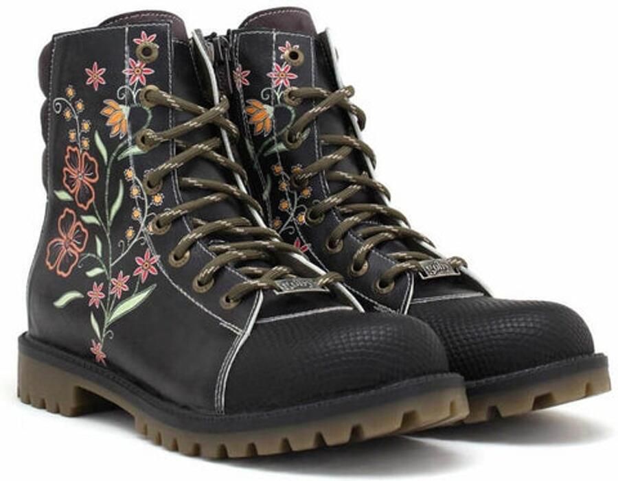 GOBY Midnight Garden Dames Boots Handmade en Vegan Zwart met Geborduurde Bloemen