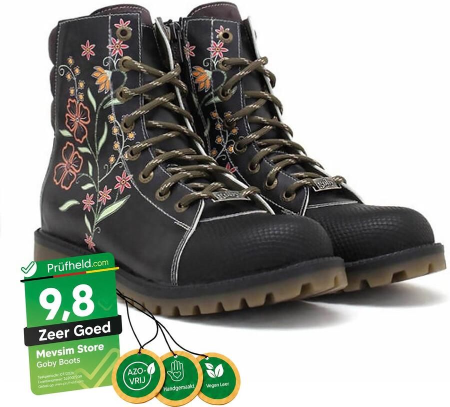 GOBY Midnight Garden Dames Boots Handmade en Vegan Zwart met Geborduurde Bloemen - Foto 2