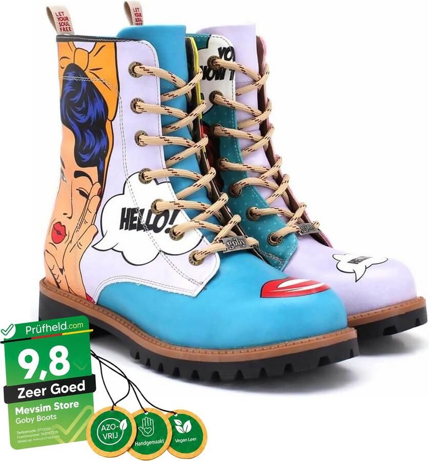 GOBY PopArt Hello Boots Dames Laarzen Handgemaakt Enkel Laarzen Kleurrijke Pop-Art Stijl