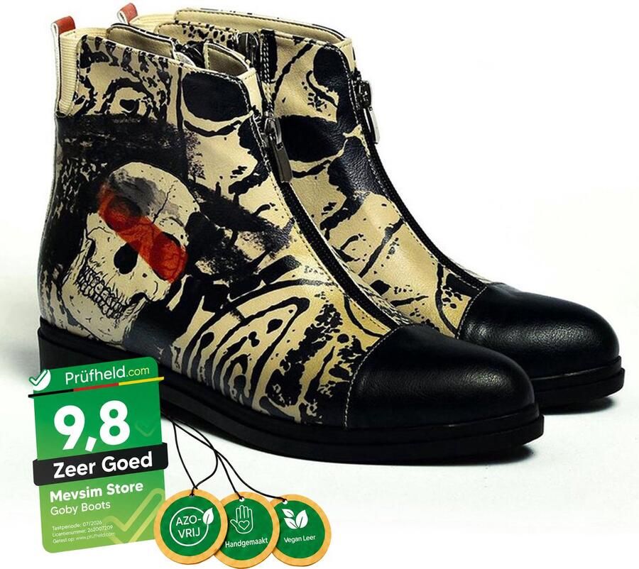 GOBY Skull Art Dames Enkellaarsjes Handgemaakt Vegan Leer