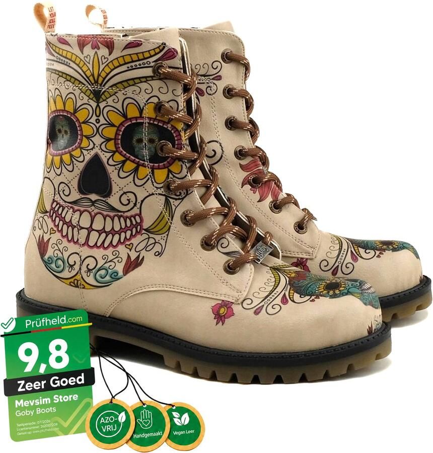 GOBY Sugar Skull Dames Laarzen Handmade Vegan Leer - Foto 2