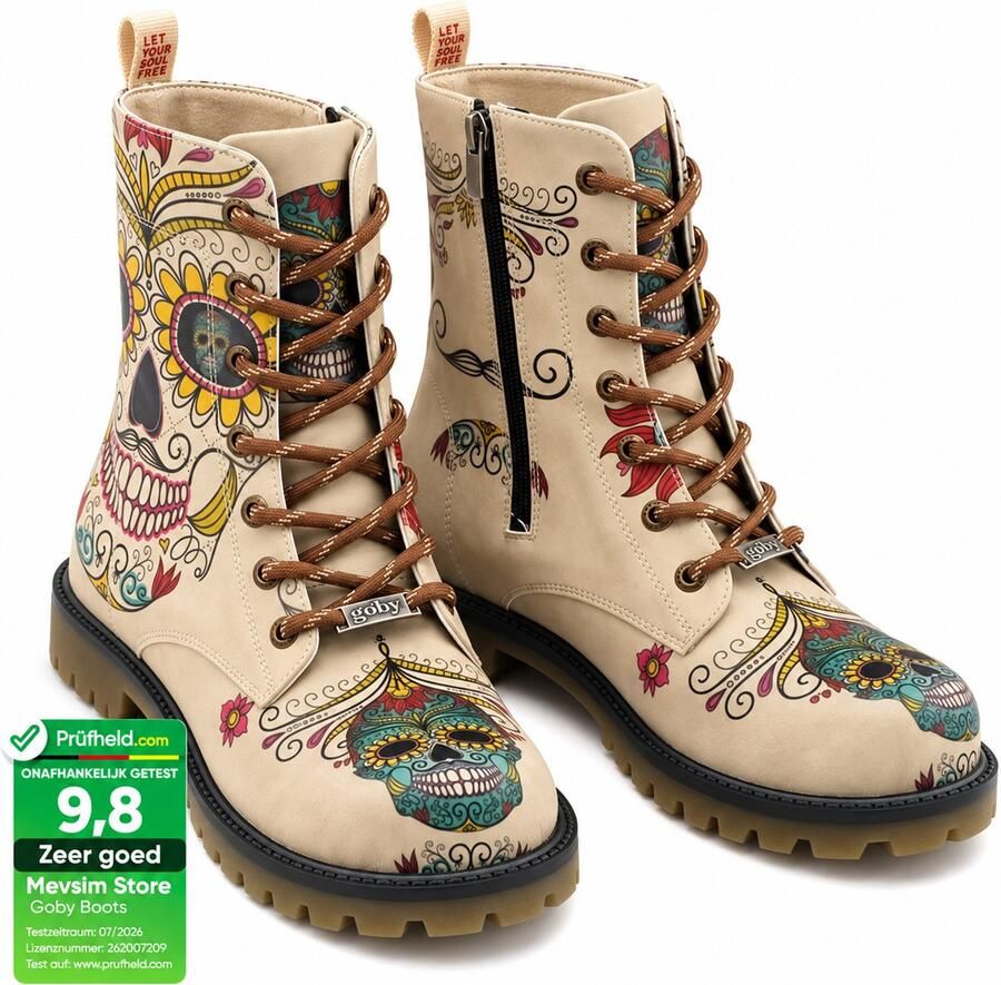 GOBY Sugar Skull Dames Laarzen Handmade Vegan Leer
