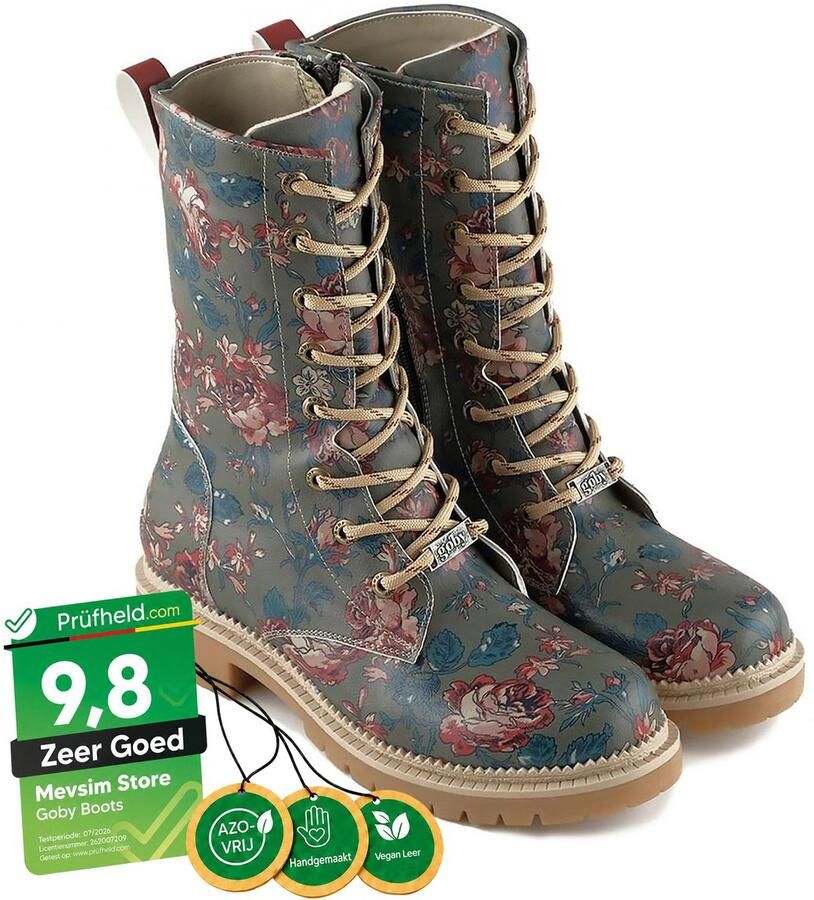 GOBY Vintage Floral Dames Veterboots Handgemaakt Vegan Leer - Foto 2
