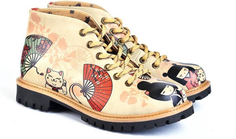 GOBY Japanse Dames Enkellaarzen Geisha en Gelukskat Design Handgemaakt Gevoerd Comfortabel