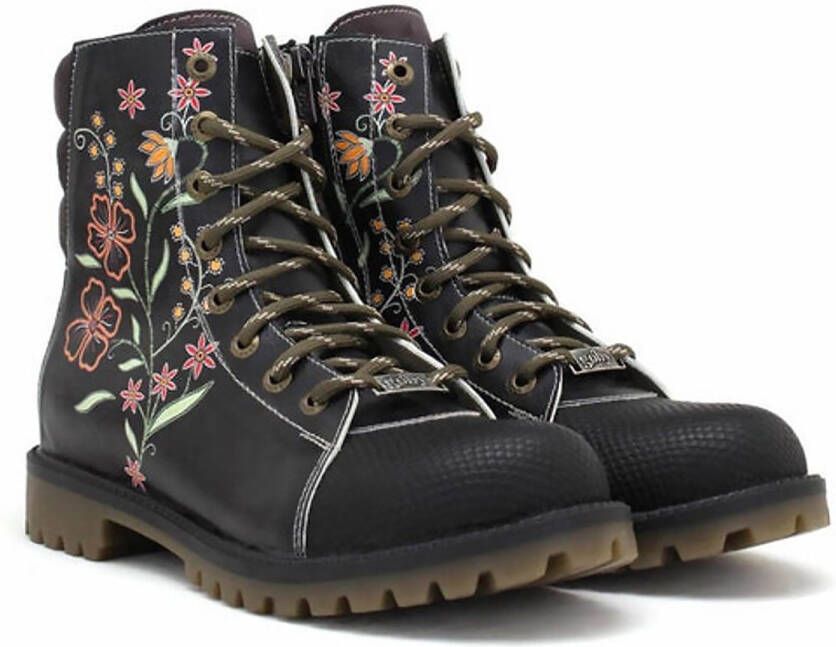 GOBY Midnight Garden Dames Boots Handmade en Vegan Zwart met Geborduurde Bloemen