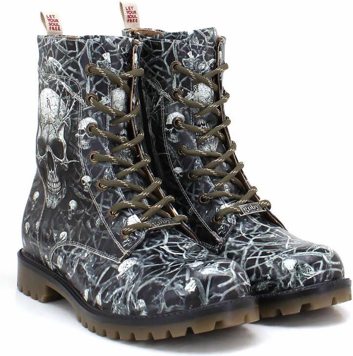 GOBY Skull Web Dames Enkellaarzen Vegan Leer Handgemaakt Schedel en Spiderweb Design