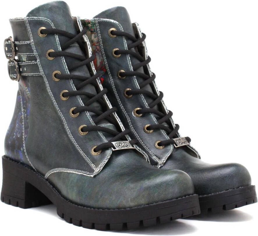 GOBY Vintage Vibe Dames Enkellaarzen Vegan Leer Handgemaakt Gespen en Blauw-Groene Afwerking