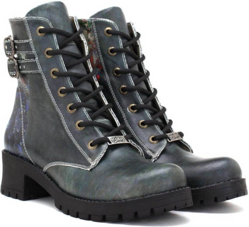GOBY Vintage Vibe Dames Enkellaarzen Vegan Leer Handgemaakt Gespen en Blauw-Groene Afwerking
