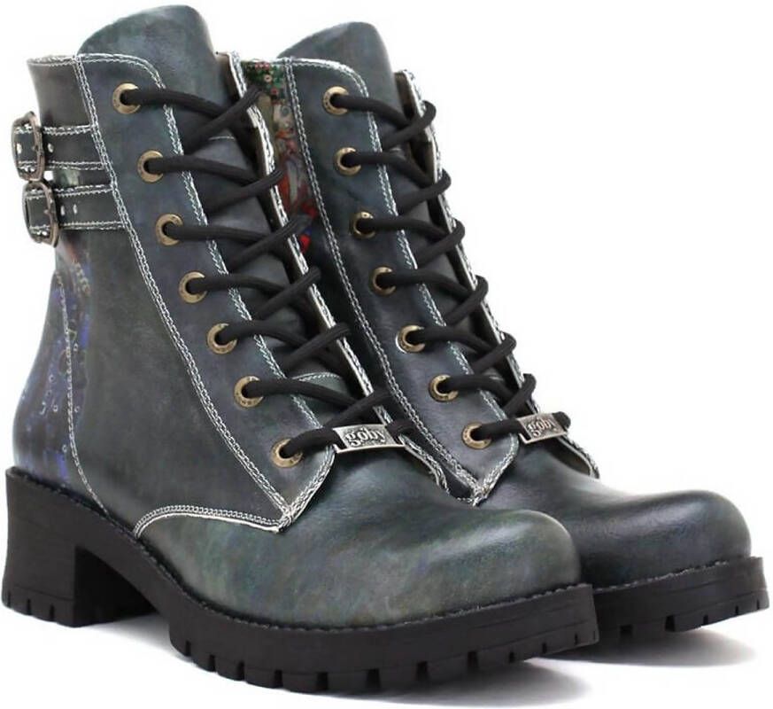 GOBY Vintage Vibe Dames Enkellaarzen Vegan Leer Handgemaakt Gespen en Blauw-Groene Afwerking