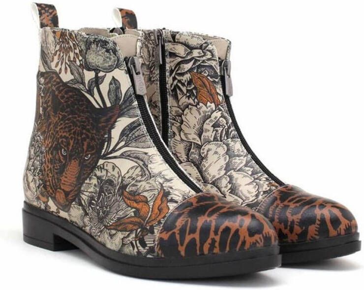 GOBY Wild Elegance Dames Enkellaarzen Vegan Leer Handgemaakt Tijger en Bloemen Design