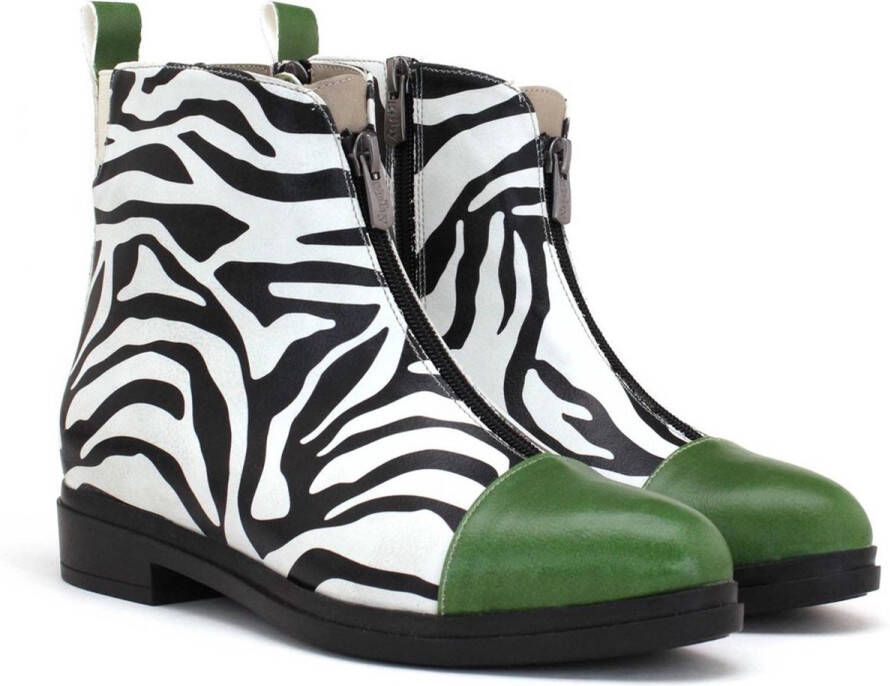 GOBY Zebra Pop Dames Enkellaarzen Vegan Leer Handgemaakt Zebra Design met Groene Details