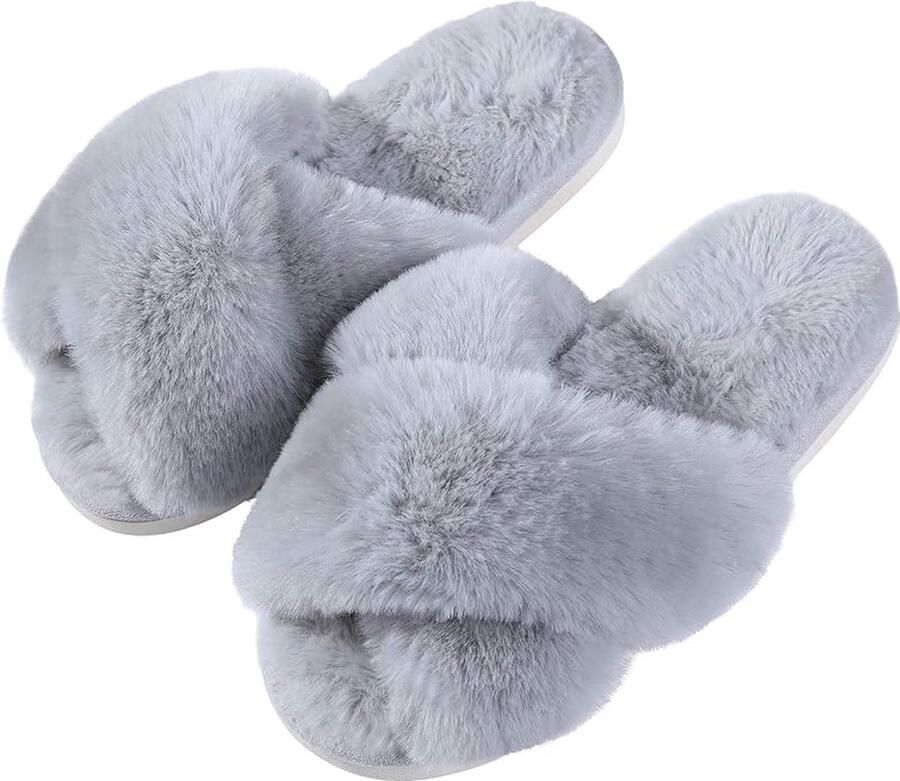 Gotrays Warm Vrouwen pantoffels-Pluche Cross Strap winter zacht antislip Vrouwen bont pantoffels geschikt voor binnen en buiten-Grijs Geschikt voor