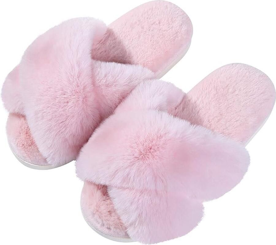Gotrays Warm Vrouwen pantoffels-Pluche Cross Strap winter zacht antislip Vrouwen bont pantoffels geschikt voor binnen en buiten-Roze Geschikt voor