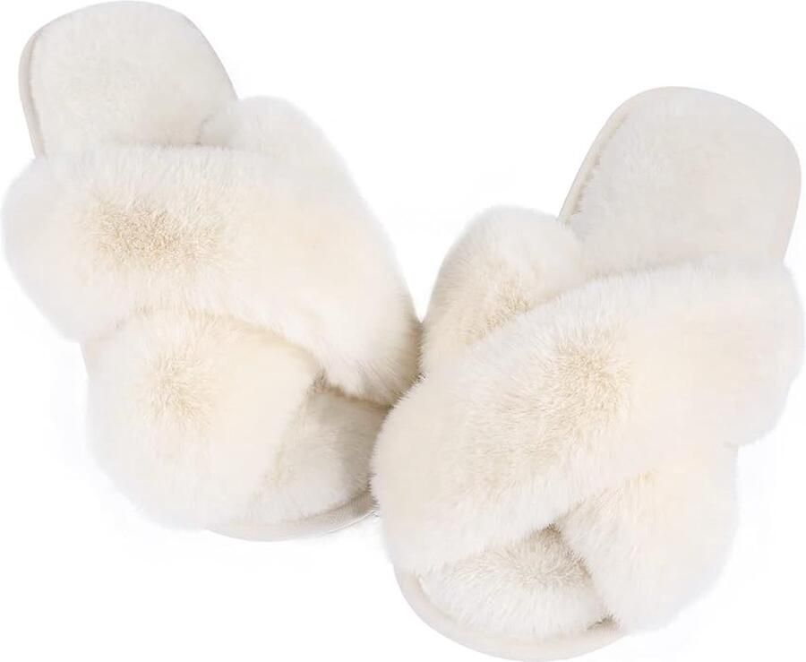 Gotrays Warm Vrouwen pantoffels-Pluche Cross Strap winter zacht antislip Vrouwen bont pantoffels geschikt voor binnen en buiten-Wit Geschikt voor
