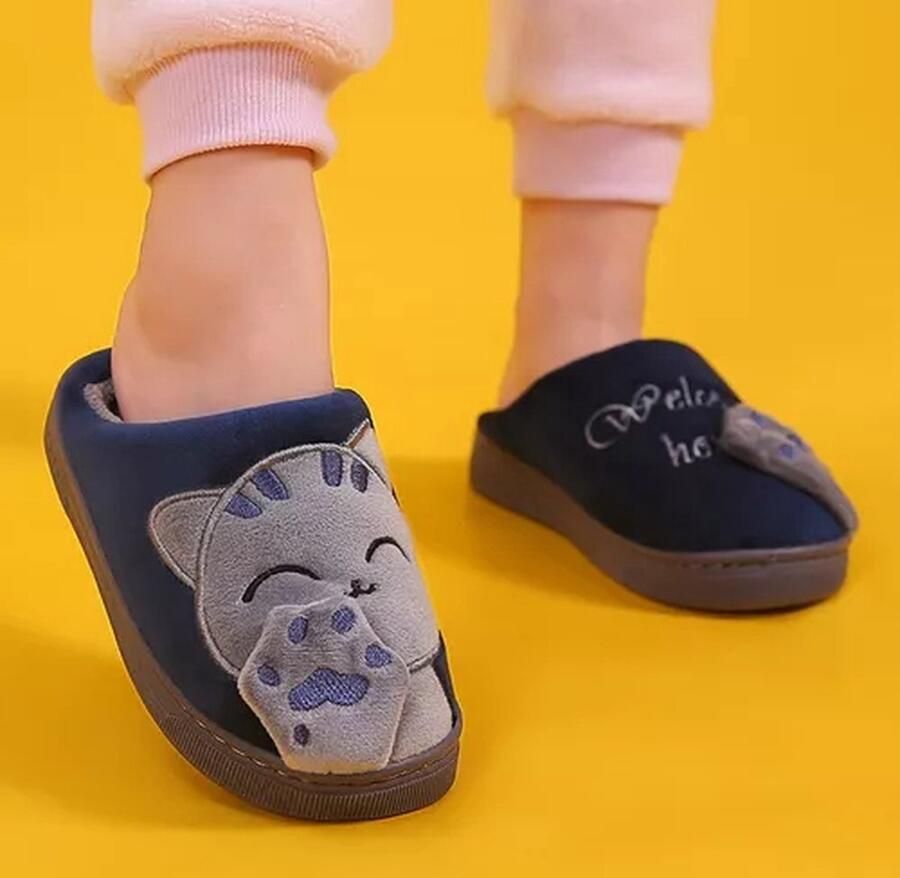 Gotrays Winter Katoenen Pantoffels Comfort Geheugen Schuim Kat Schattige Cartoon Pantoffels Warme Pluche Zachte Anti-slip Indoor Pantoffels-Marineblauw (38 39 EU Maat)
