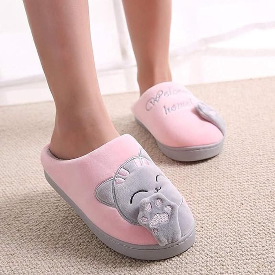 Gotrays Winter Katoenen Pantoffels Comfort Geheugen Schuim Kat Schattige Cartoon Pantoffels Warme Pluche Zachte Anti-slip Indoor Pantoffels-Roze (38 39 EU Maat)