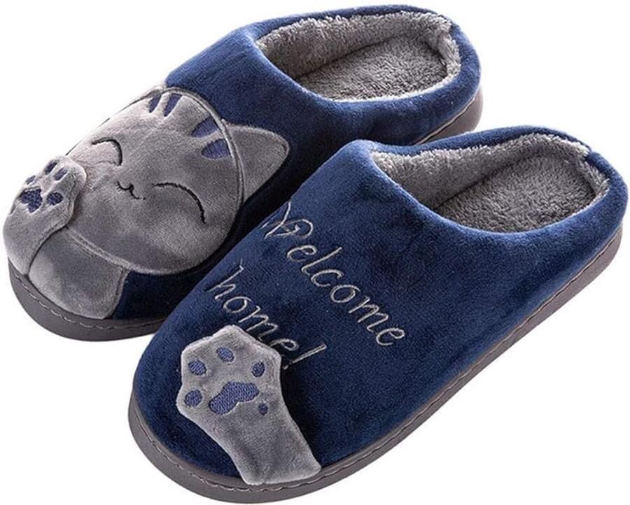 Gotrays Winter Katoenen Pantoffels Sloffen voor Dames Kinderen Winter Comfort Geheugen Schuim Kat Schattige Cartoon Pantoffels Warme Pluche Zachte Anti-slip Indoor Pantoffels-Marineblauw（42 43 EU Maat）