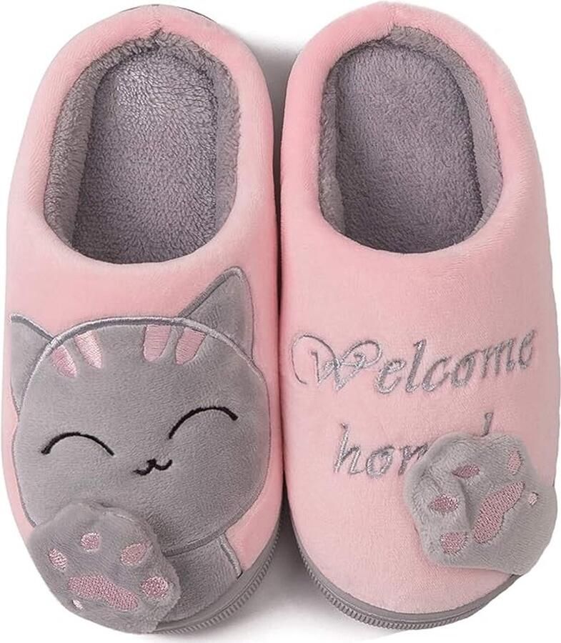 Gotrays Winter Katoenen Pantoffels Sloffen voor Dames Kinderen Winter Comfort Geheugen Schuim Kat Schattige Cartoon Pantoffels Warme Pluche Zachte Anti-slip Indoor Pantoffels-Roze（38 39 EU Maat）