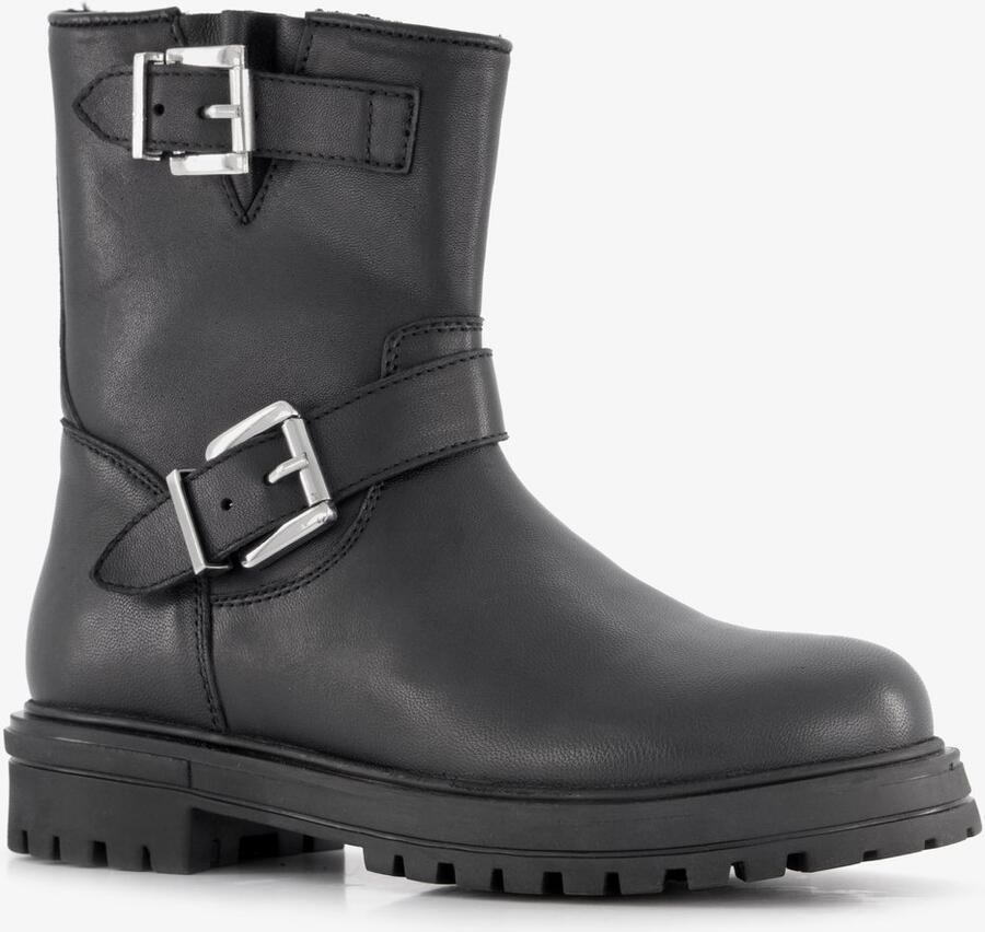 Groot leren meisjes biker boots met gespen zwart Uitneembare zool