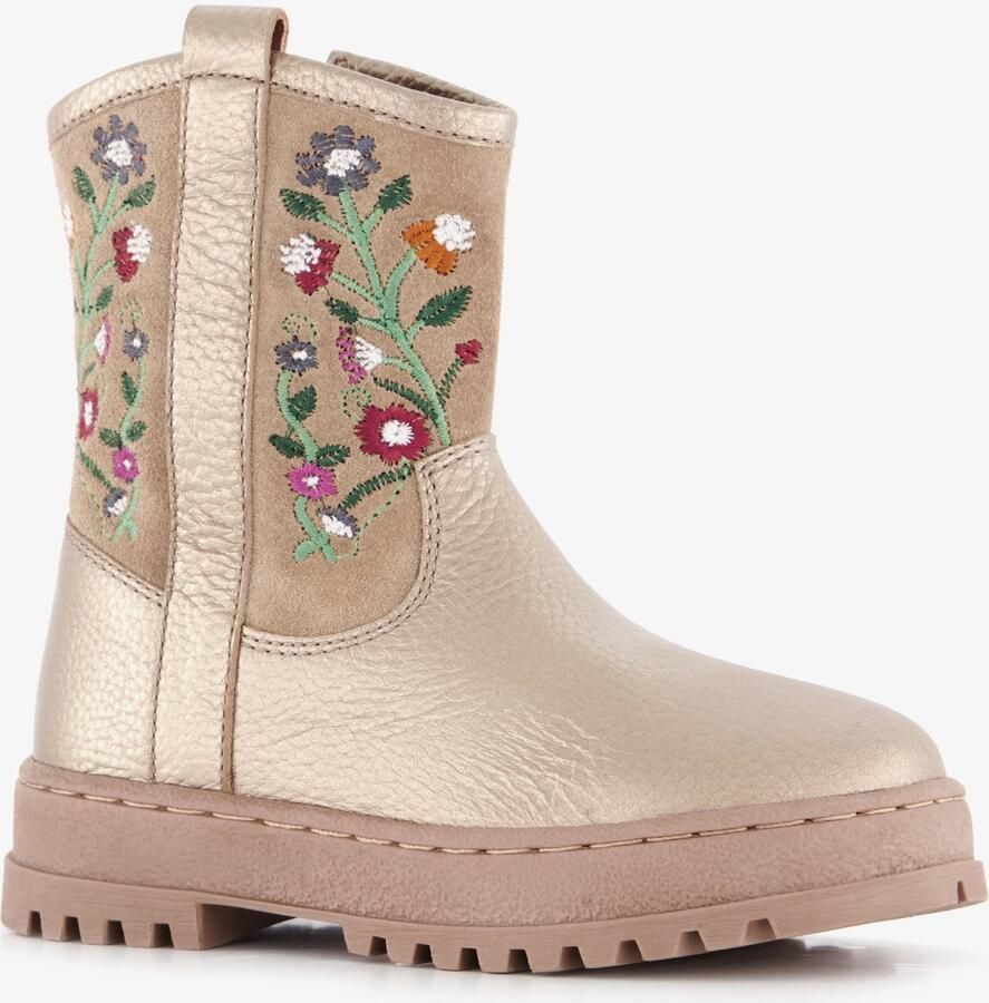 Groot leren meisjes enkellaarsjes met bloemen goud Uitneembare zool