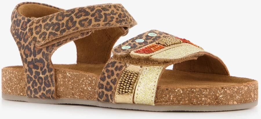 Groot leren meisjes sandalen met panterprint en glitters bruin