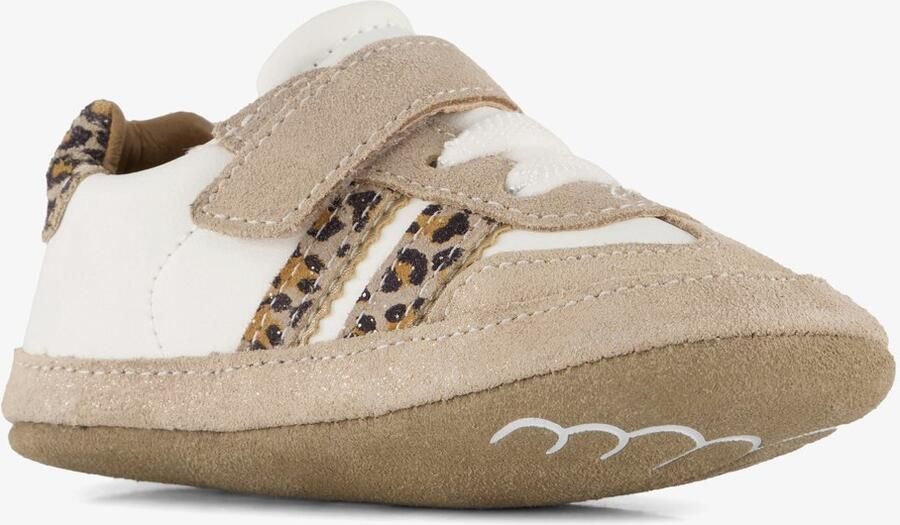 Groot suede babyschoenen met panterprint details beige In cadeauverpakking