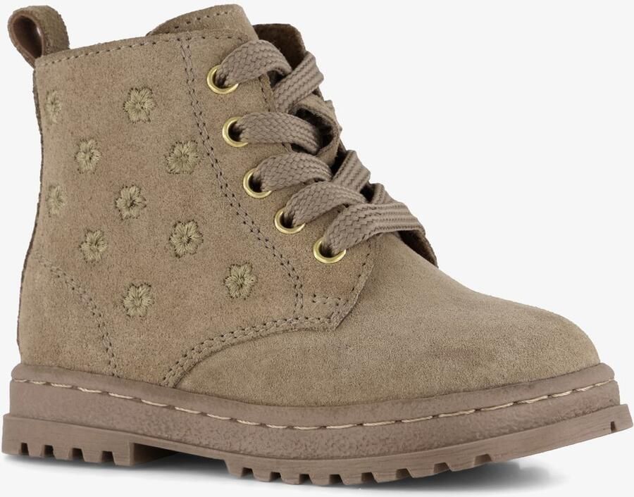 Groot suède meisjes veterboots met bloemetjes taupe Beige Echt leer Uitneembare zool
