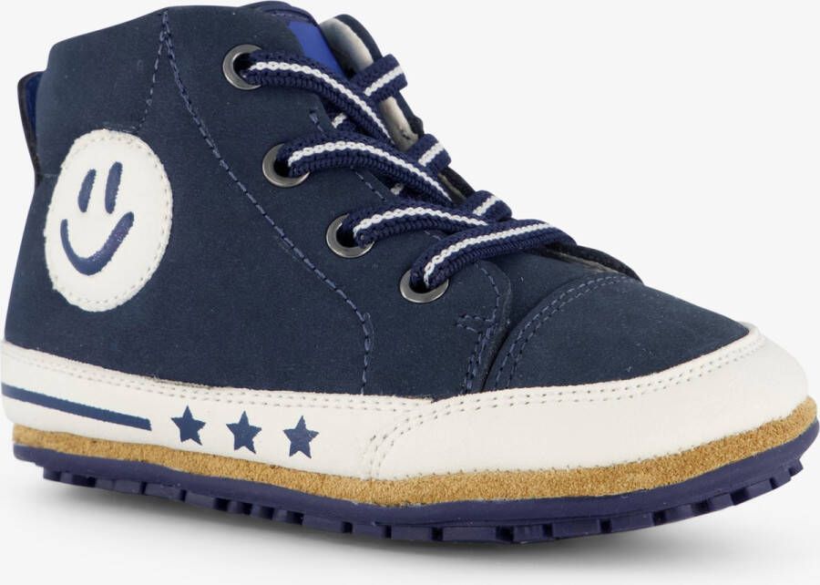 Groot leren babyschoenen blauw met smiley In cadeauverpakking