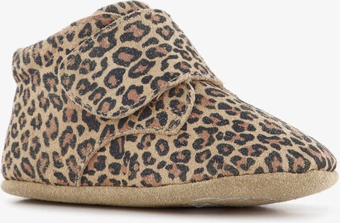 Groot leren babyschoenen met panterprint bruin beige Uitneembare zool In cadeauverpakking