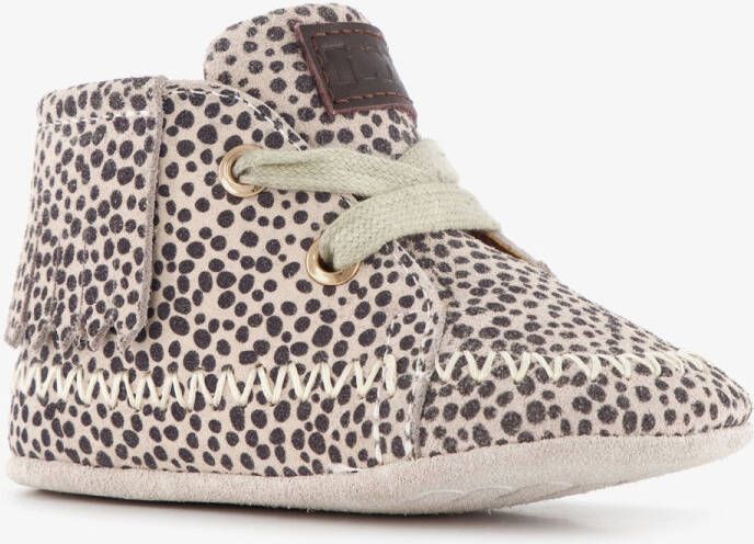 Groot leren babyschoenen met stippen en franjes beige Uitneembare zool In cadeauverpakking