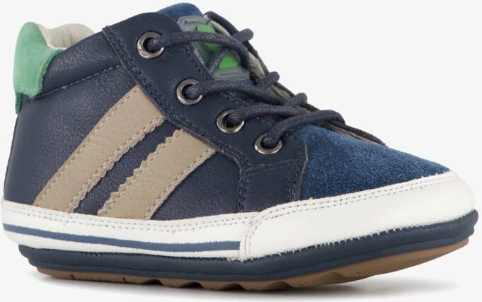 Groot leren babyschoenen met strepen donkerblauw Uitneembare zool In cadeauverpakking