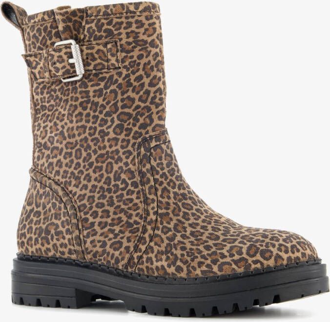 Groot leren meisjes boots met luipaardrint Zwart