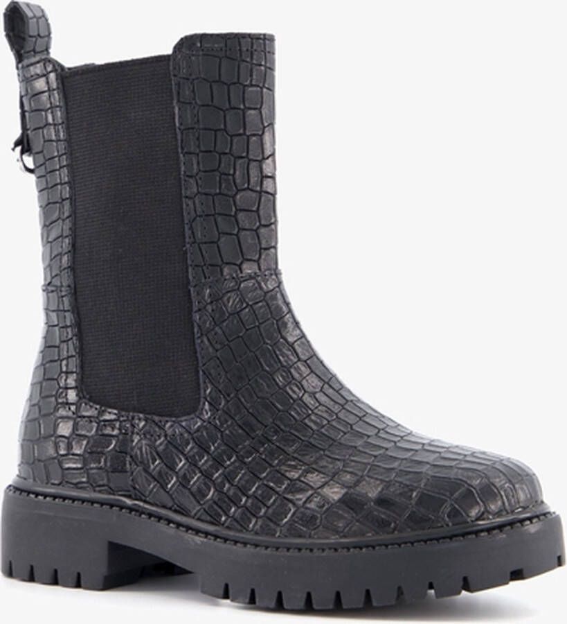 Groot leren meisjes chelsea boots met crocoprint Zwart