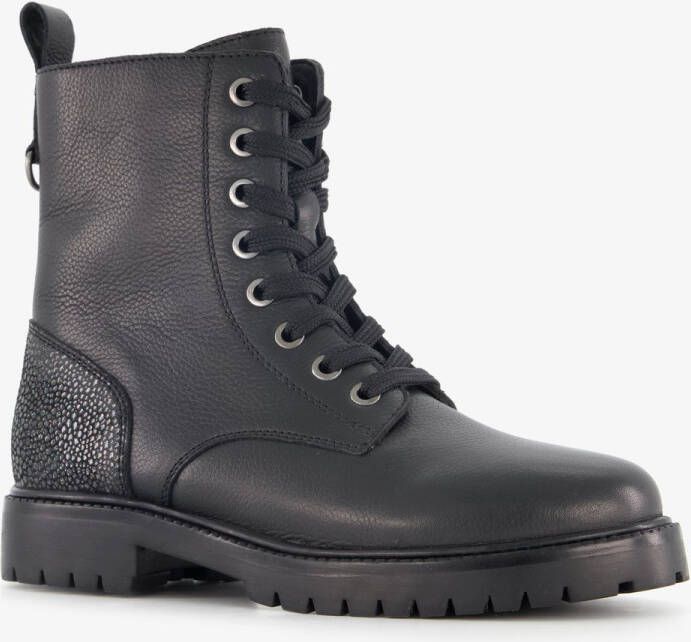 Groot leren meisjes veterboots met glitters op de hiel zwart