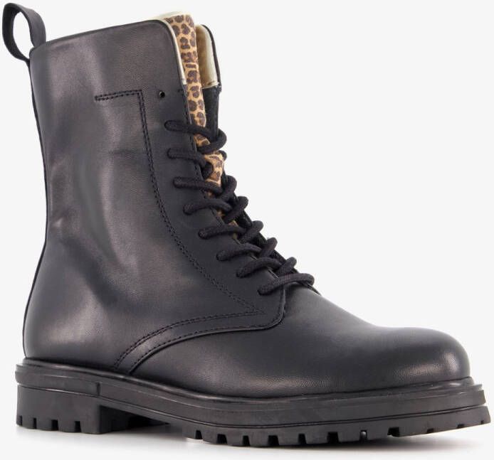 Groot leren meisjes veterboots met luipaard details zwart Uitneembare zool