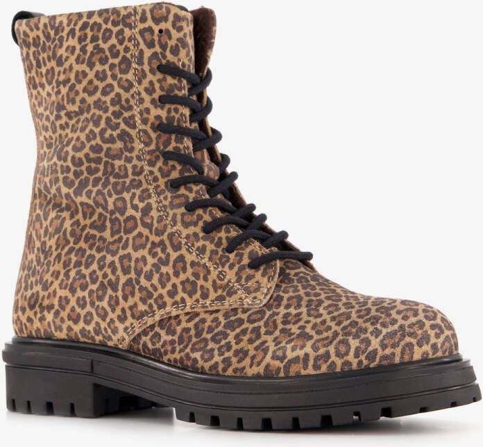 Groot leren meisjes veterboots met luipaardprint Bruin Uitneembare zool