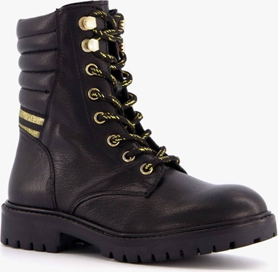 Groot leren meisjes veterboots Zwart Echt leer