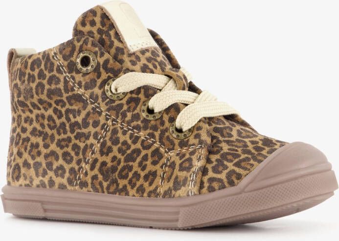 Groot leren meisjes veterschoenen met panterprint bruin Uitneembare zool