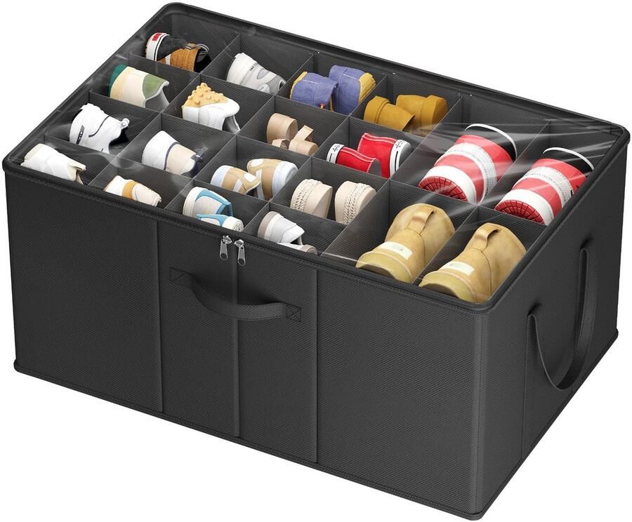 Grote schoenenorganizer voor de kledingkast opvouwbare schoenendoos met doorzichtig deksel en versterkte handgrepen houder geschikt voor gymschoenen laarzen hakken 1 stuk zwart