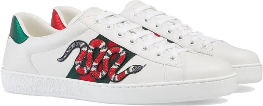 Gucci Ace Embroidered Snake Sneakers White Leather with Snake Embroidery (White Green Red) Wit Groen Ace Lifestyle Heren Sneakers