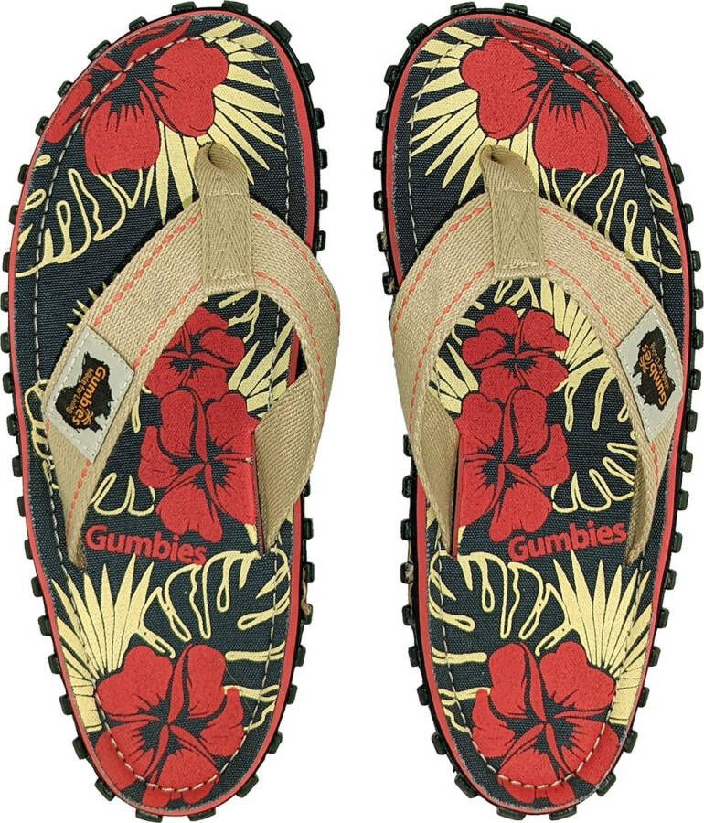 Gumbies Teenslippers Unisex Denim Hibiscus Rood Zwart Beige